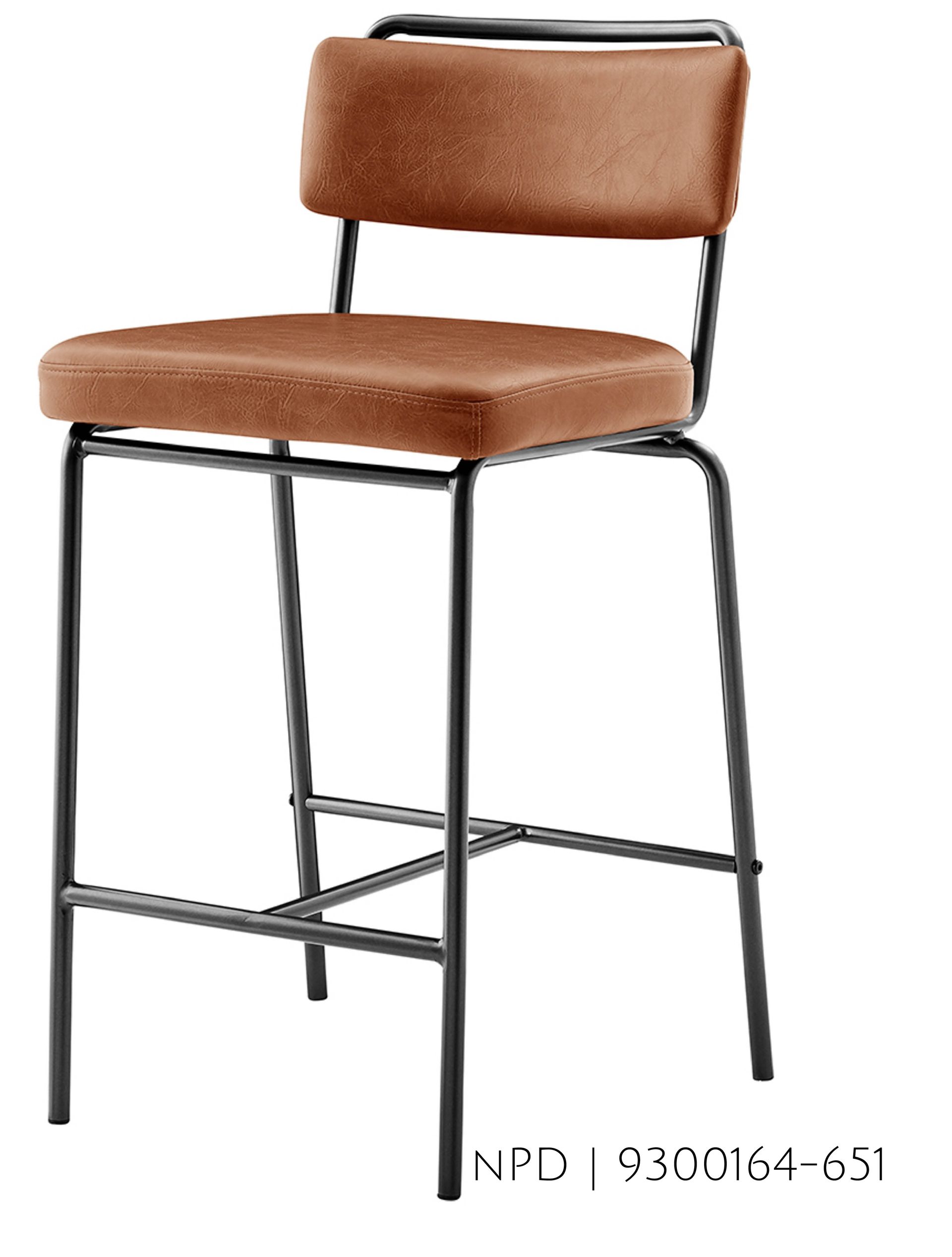 Brown leather bar stool with black metal frame.