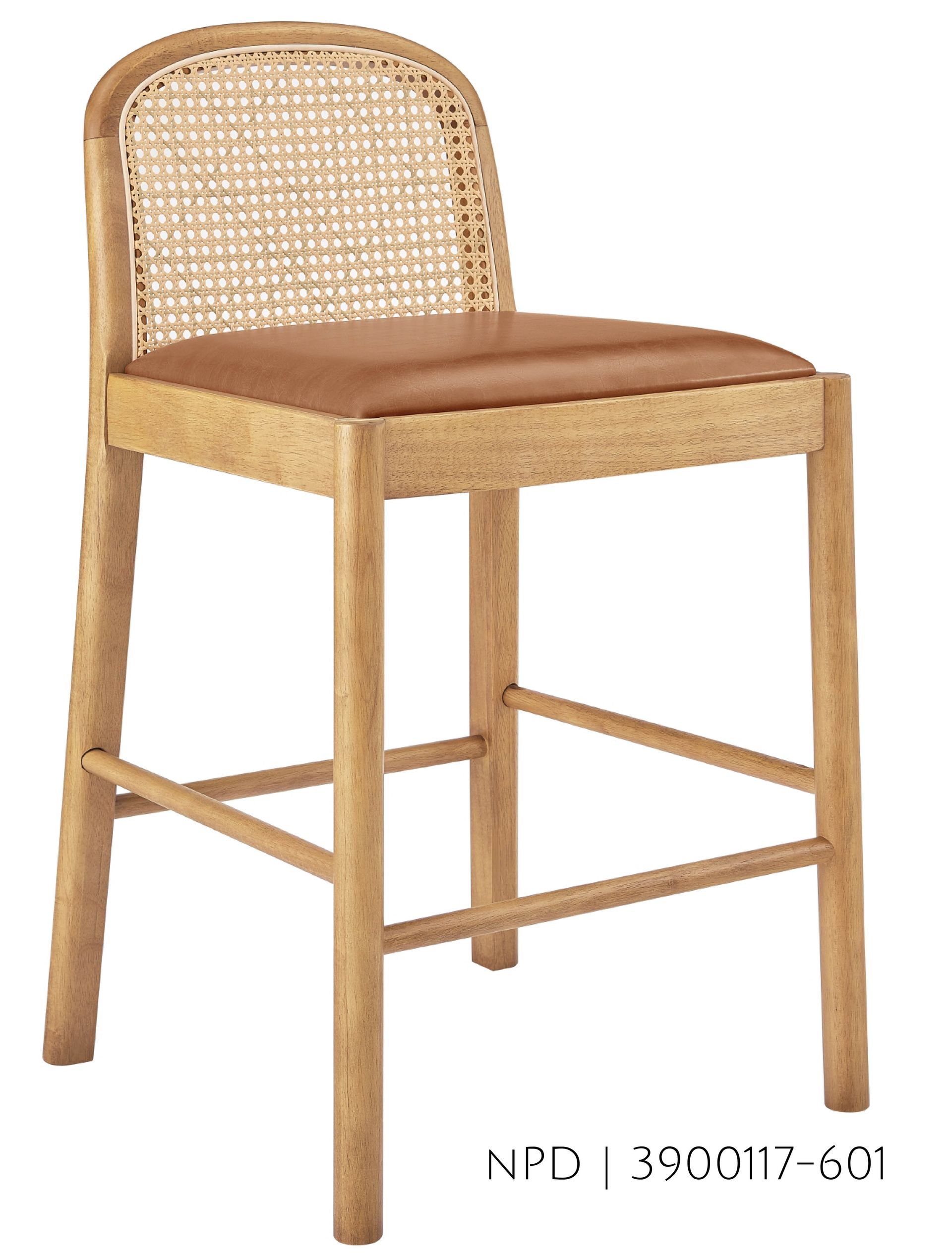 Wooden bar stool with cane back and leather seat.