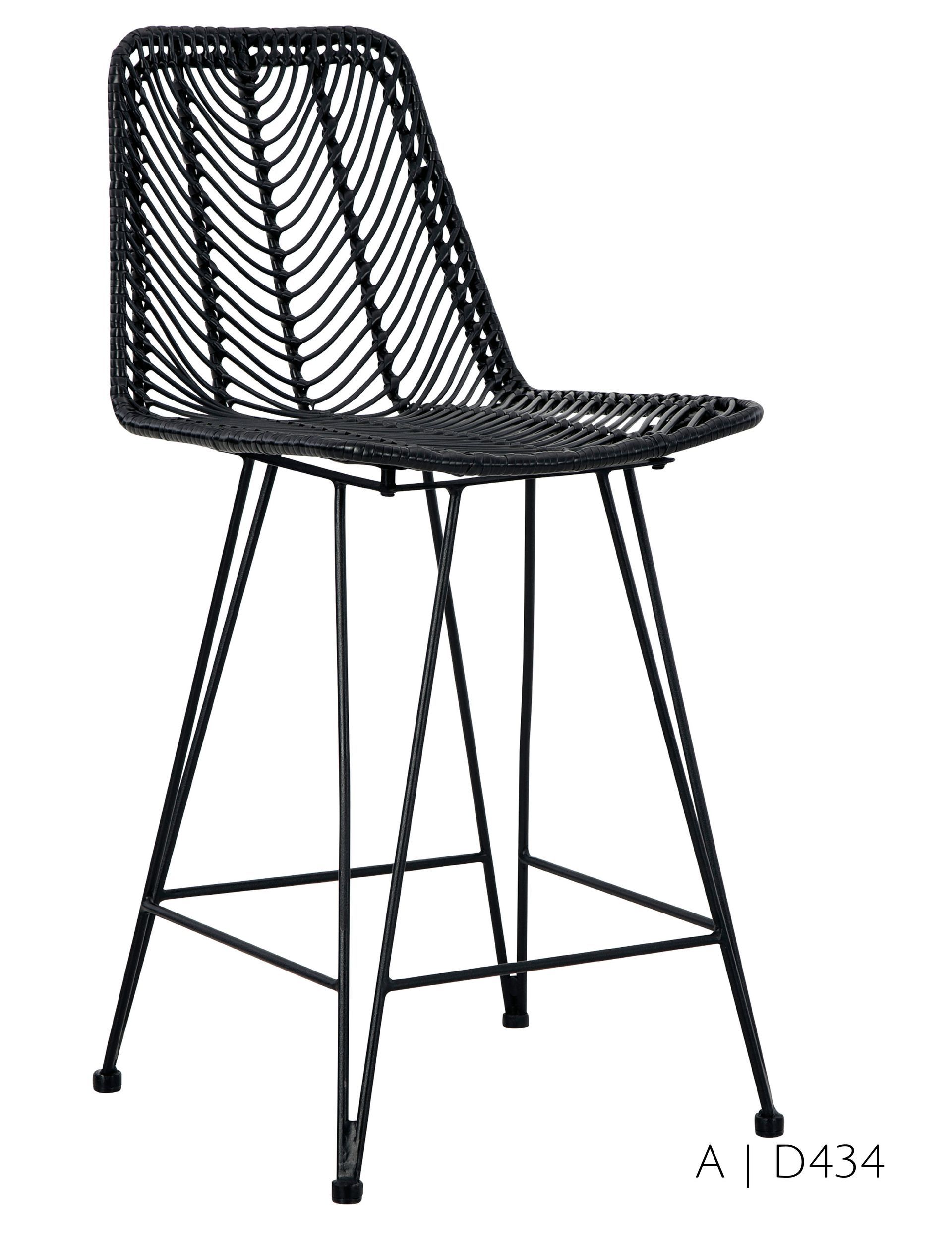 Black rattan bar stool with a woven back and seat, set on thin, black metal legs.