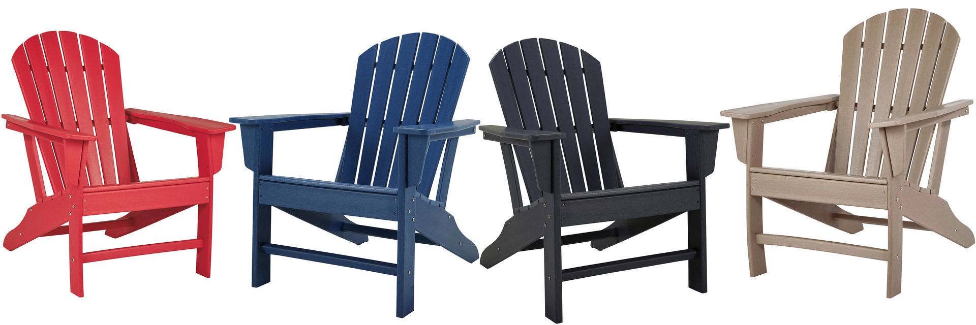 Four Adirondack chairs in red, blue, dark grey, and tan, arranged in a row.