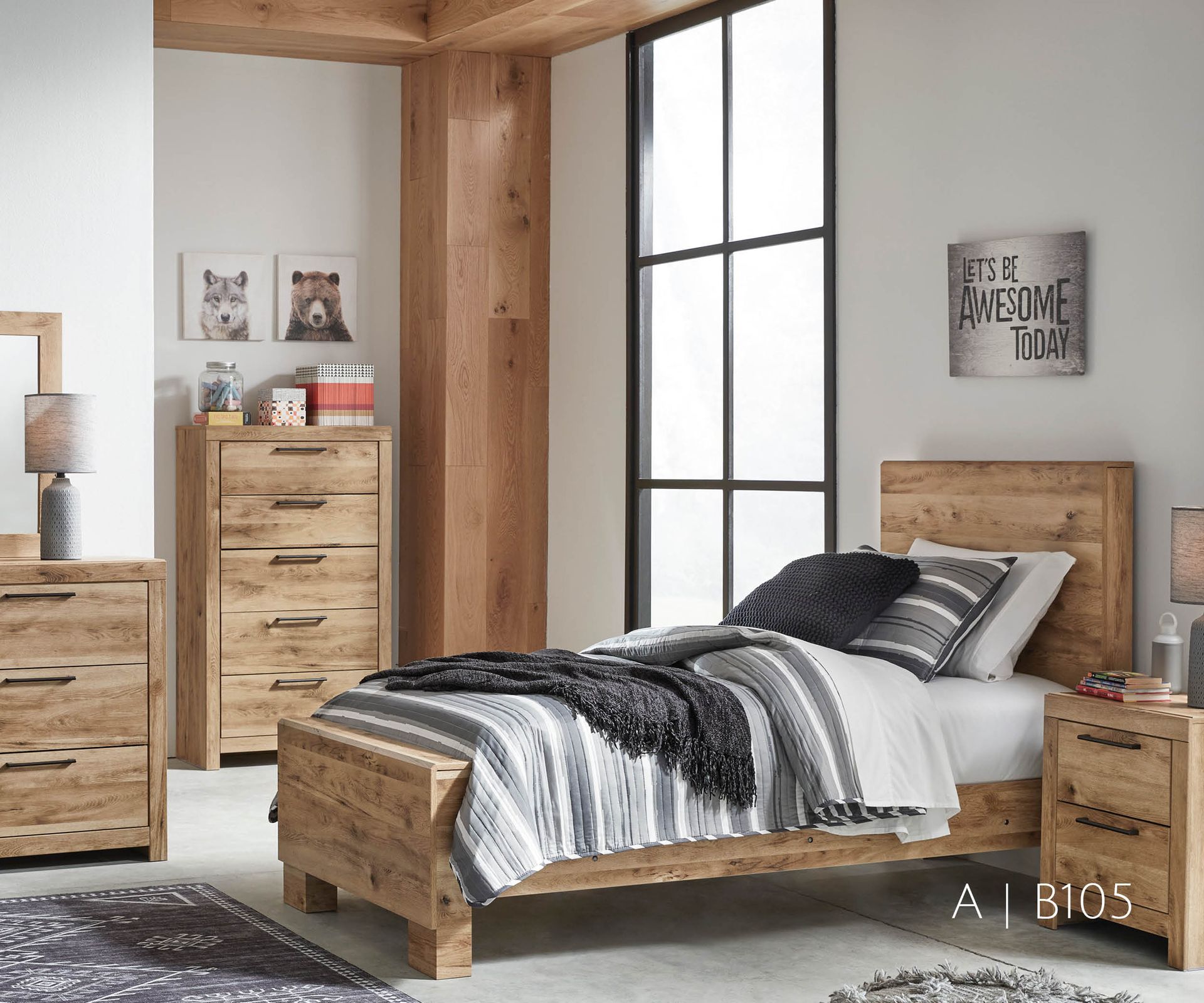 Bedroom furniture set with a wooden bed, dresser, chest, and nightstand in a rustic room.