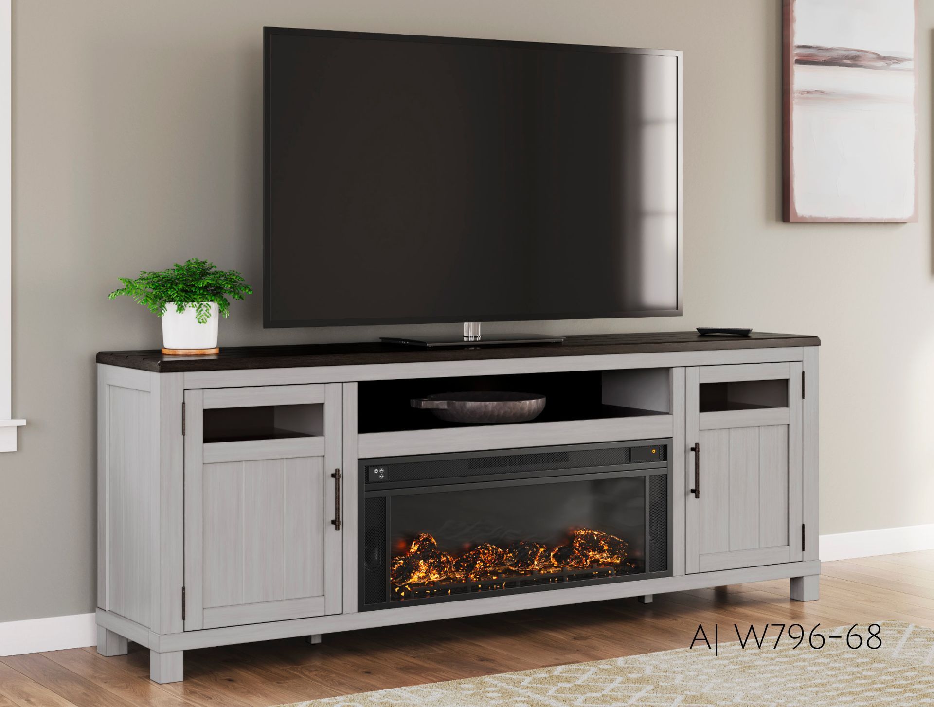 Gray and brown TV stand with fireplace