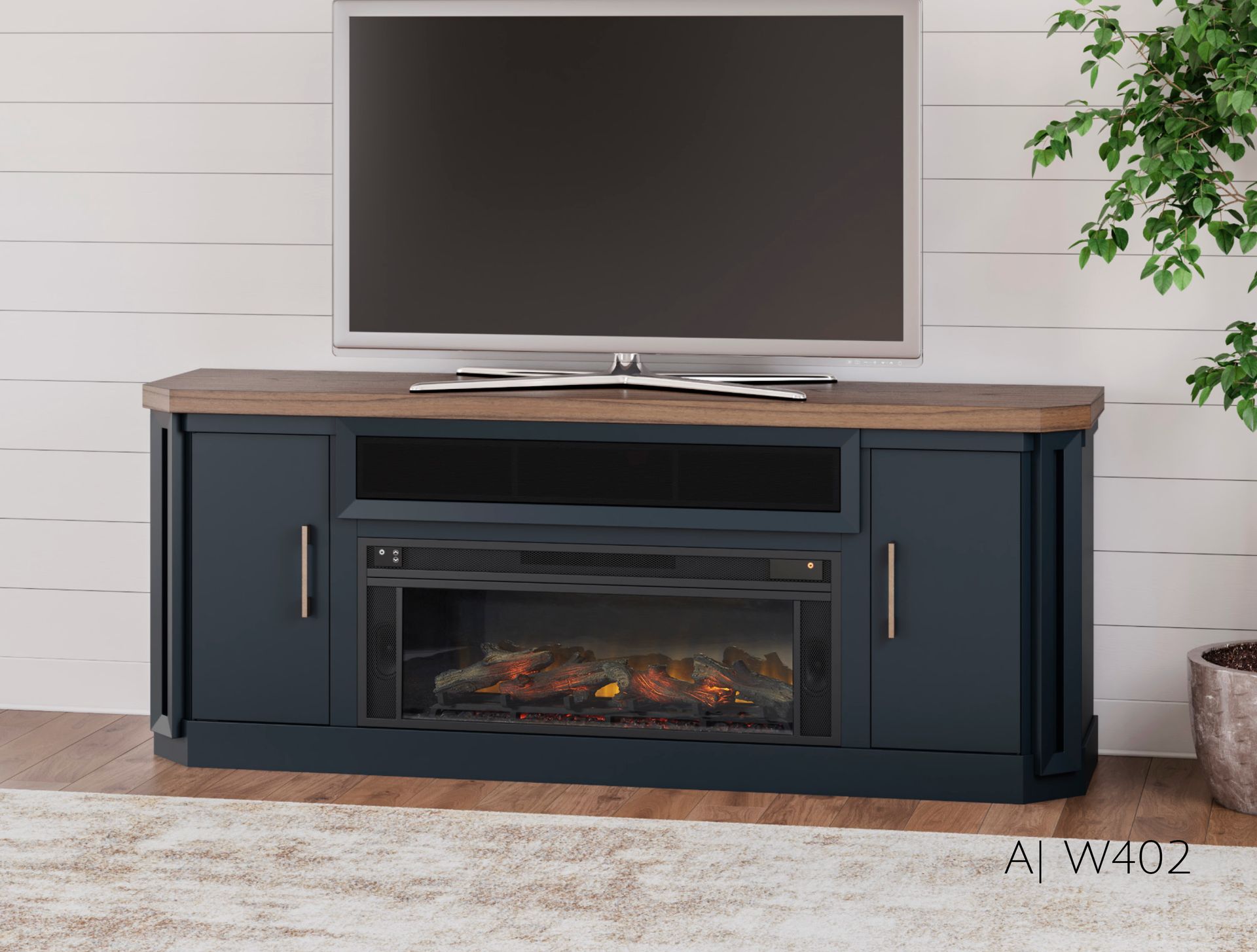 Navy blue TV stand with a fireplace, a wood top,
