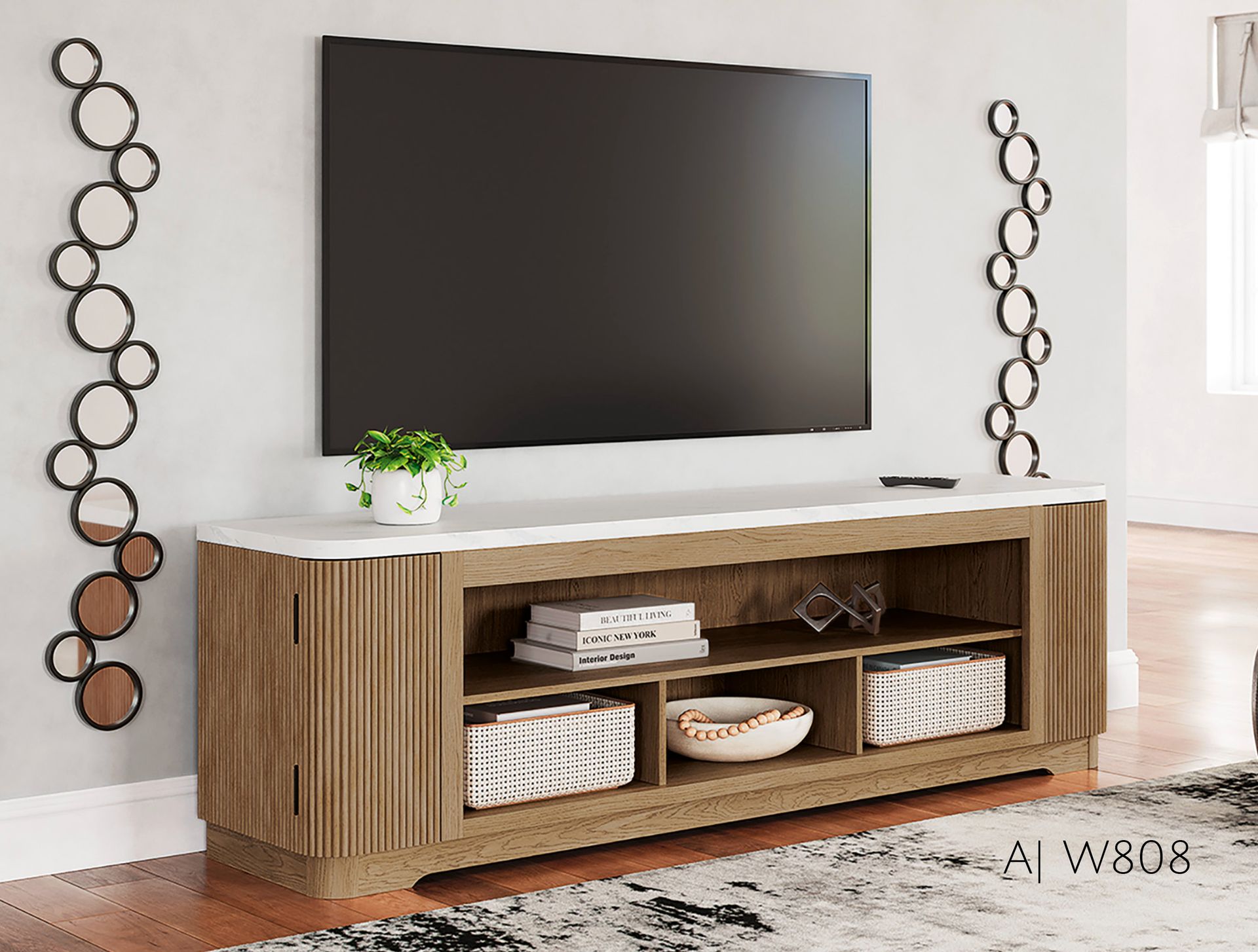 wooden media console with decorative mirrors
