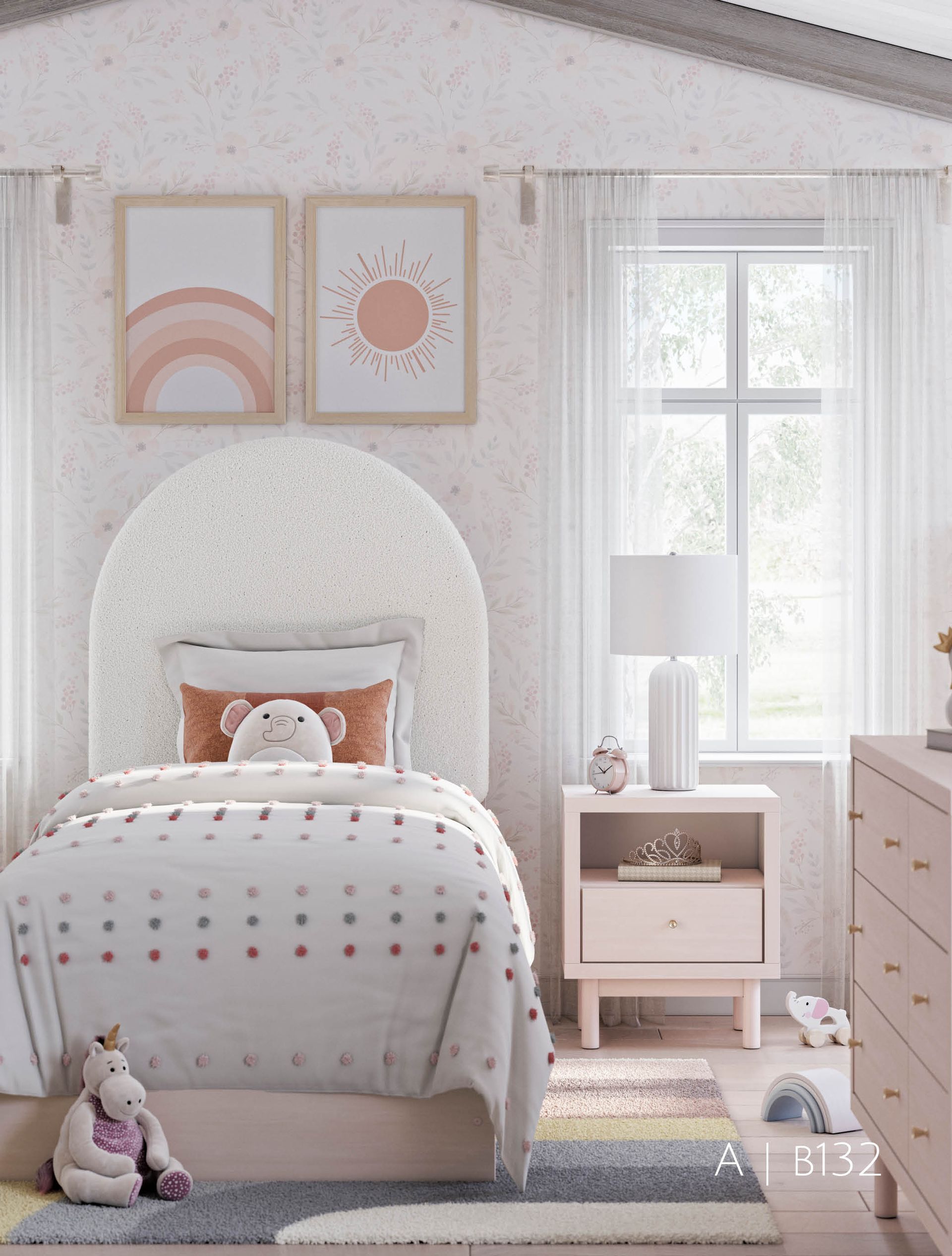 Cozy bedroom with a bed, nightstand, and window. Pastel pink and white decor. Artwork on the wall.
