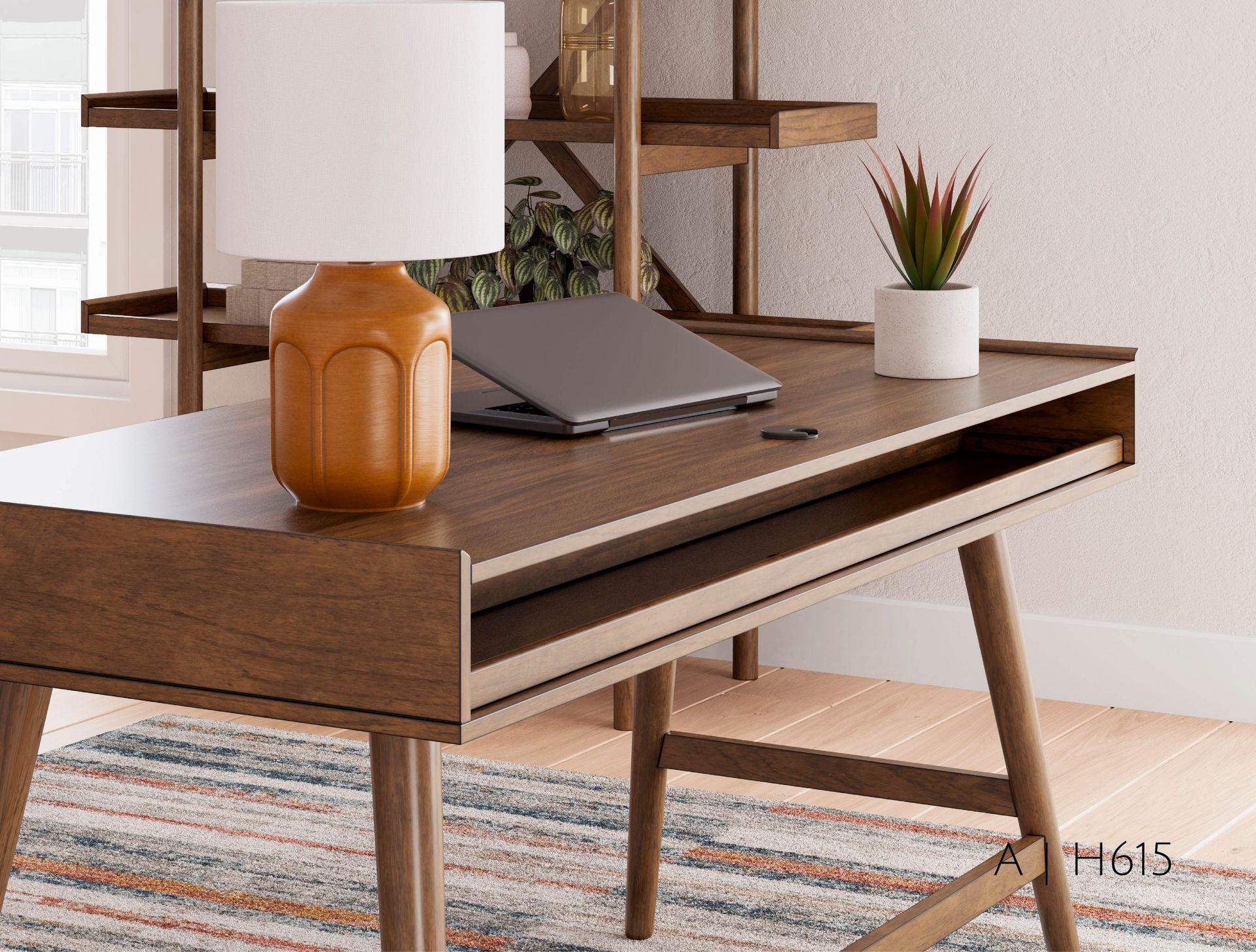 Wooden desk with lamp,