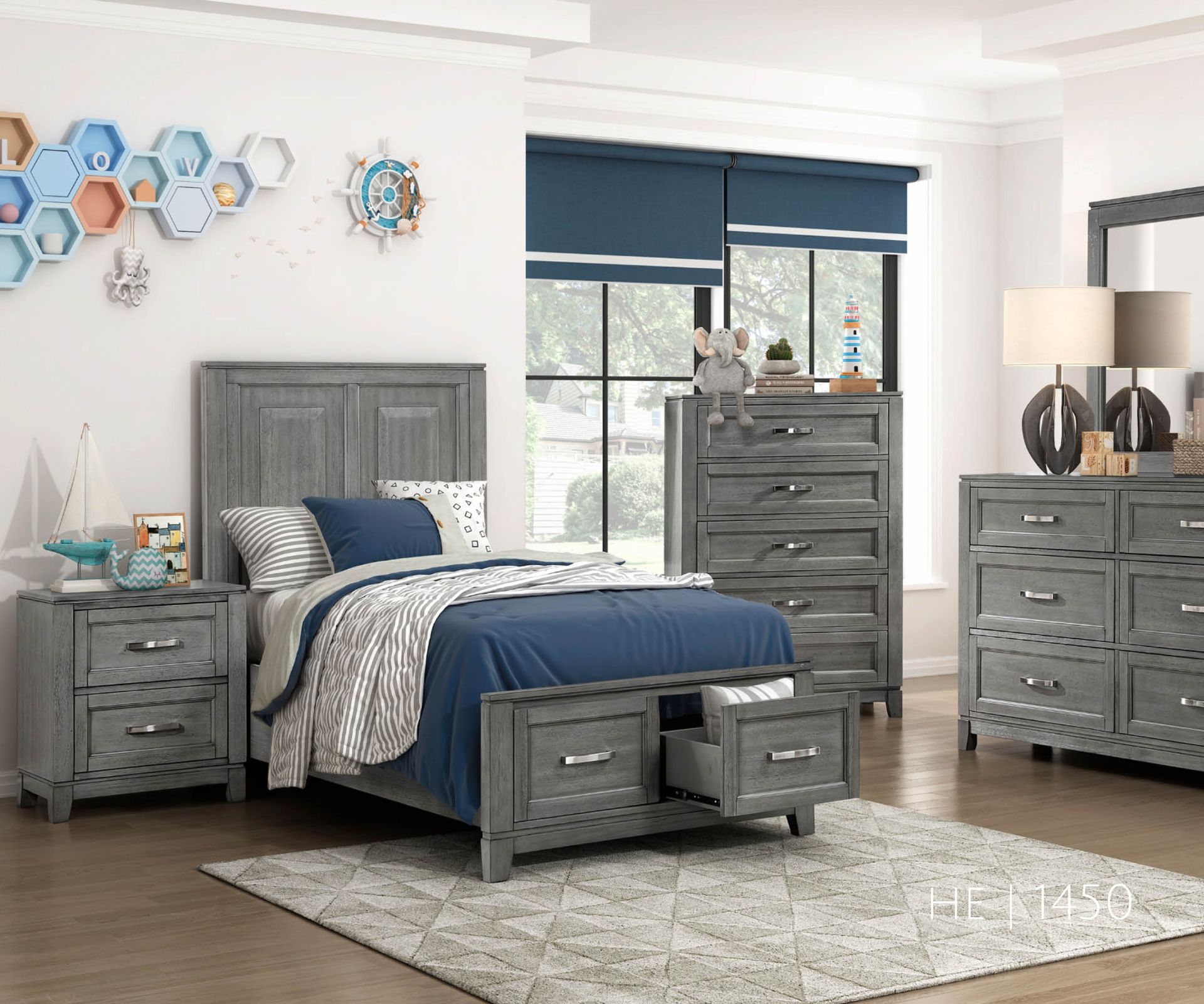 Bedroom set in shades of gray, featuring a bed, nightstand, dresser, and chest of drawers, with blue accents.