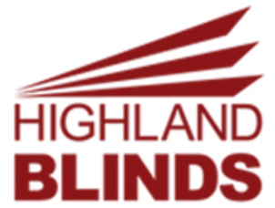 Highland Blinds logo: red stylized blinds above 