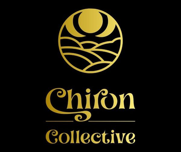 Gold logo with stylized sun and landscape above the word 