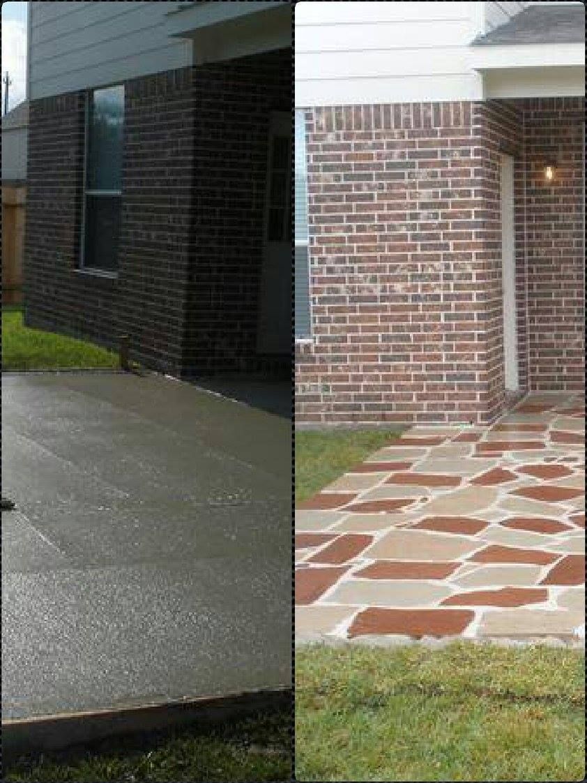 Comparison of a plain concrete patio and a patio with stone pavers, both near brick house walls.