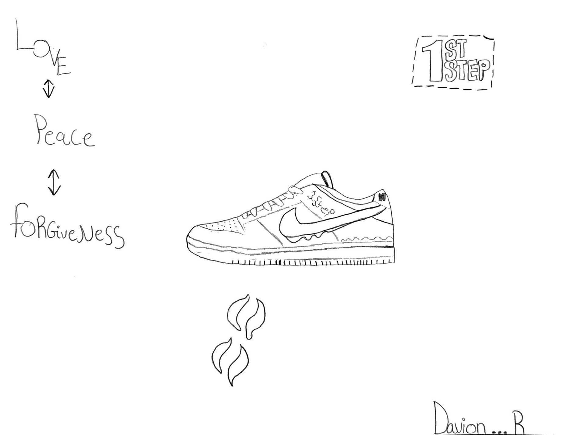 A black and white drawing of a pair of nike shoes.
