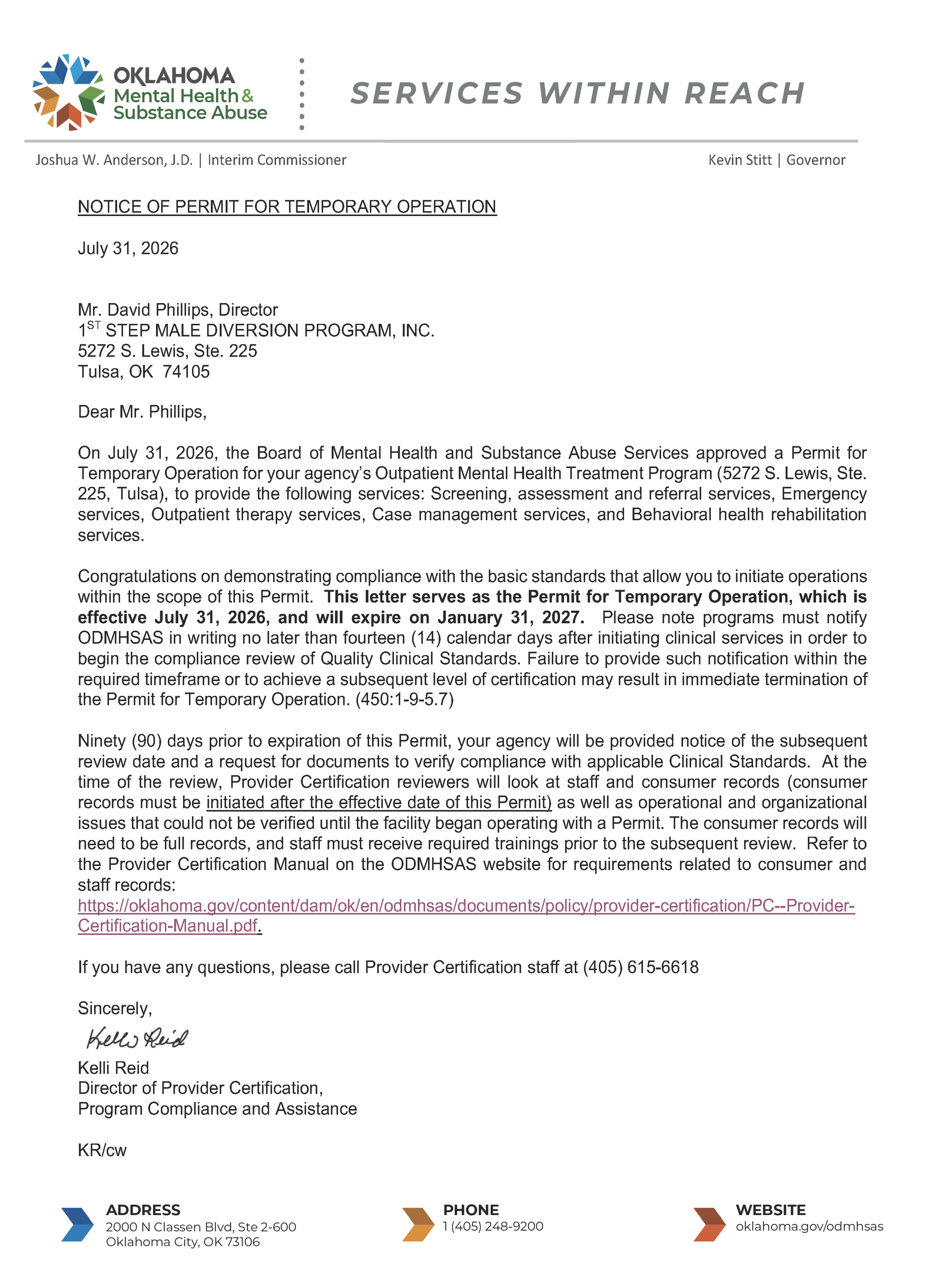 permit of temporary operation letter