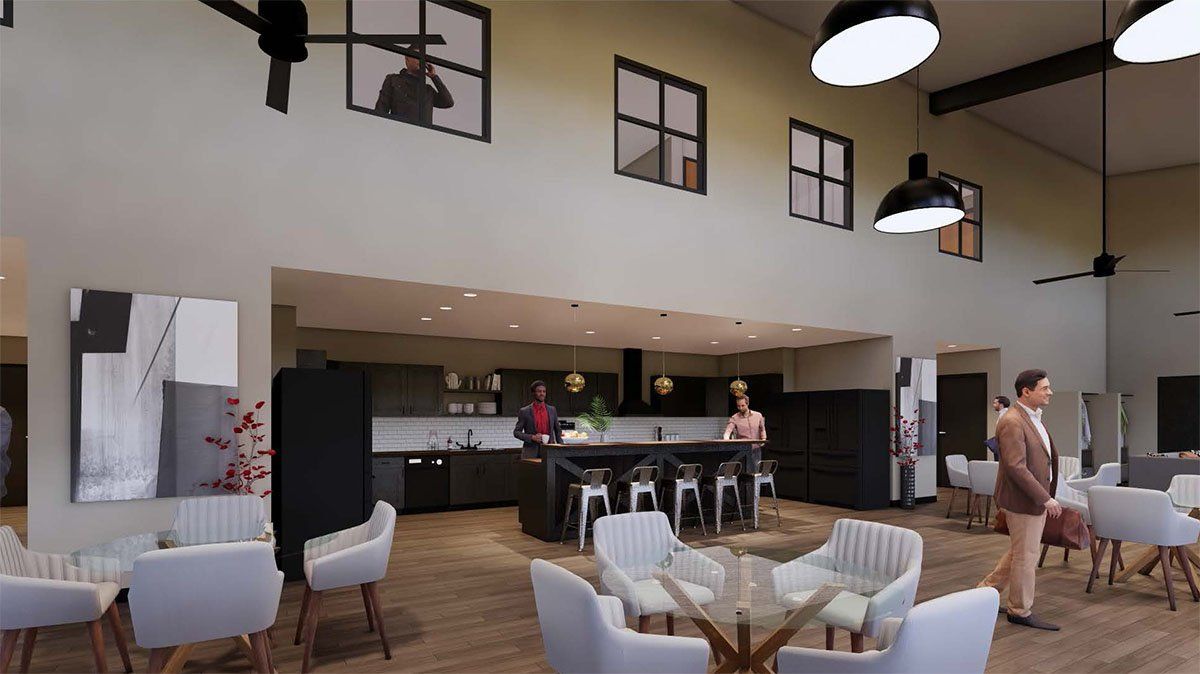 An artist 's impression of a large room with tables and chairs.