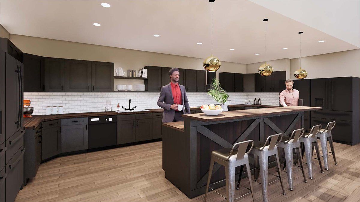 An artist 's impression of a kitchen with black cabinets and stools.
