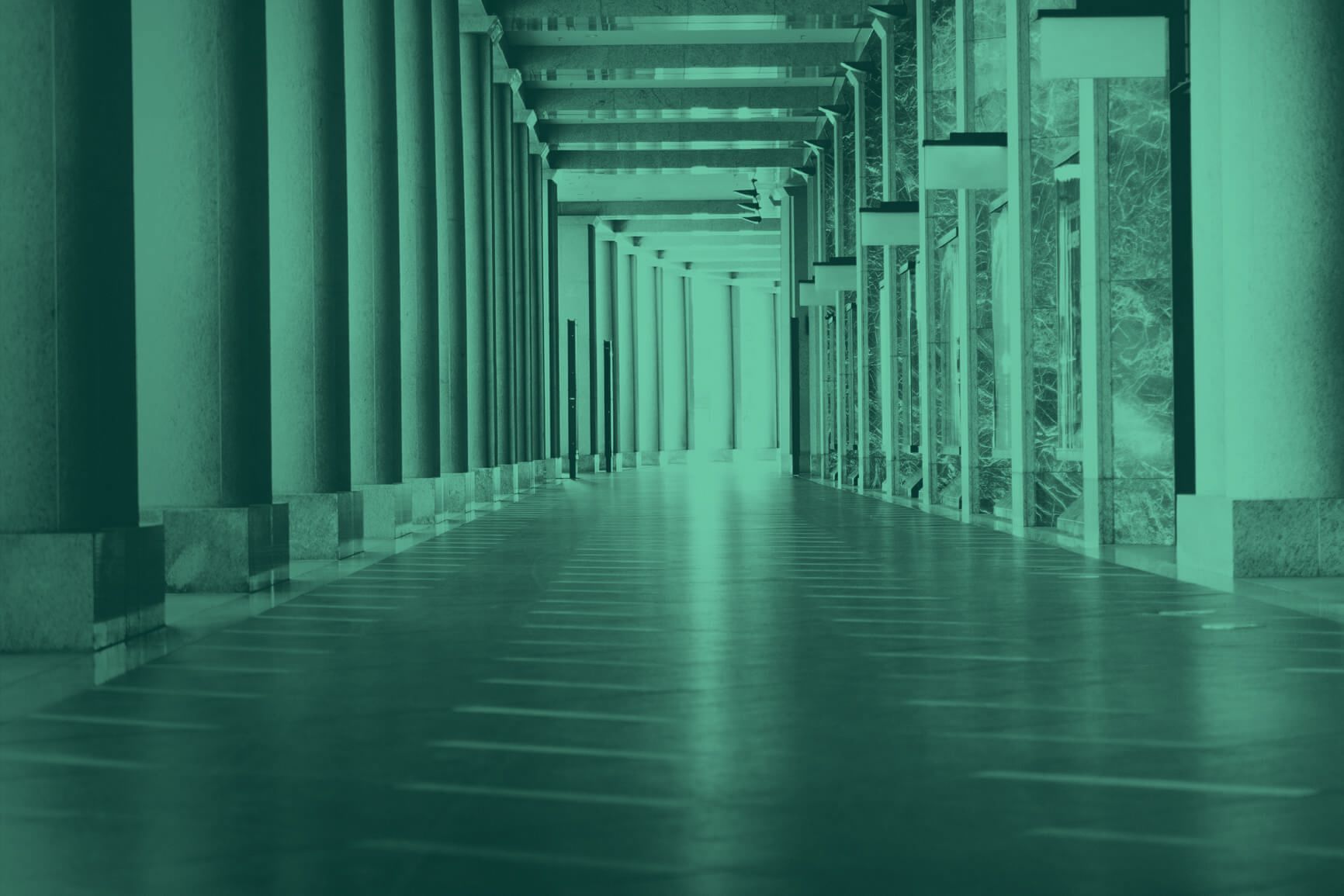 Photo of a hallway with a teal filter on