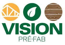 Le logo de Vision Prefab comporte un cercle vert avec une feuille dedans.