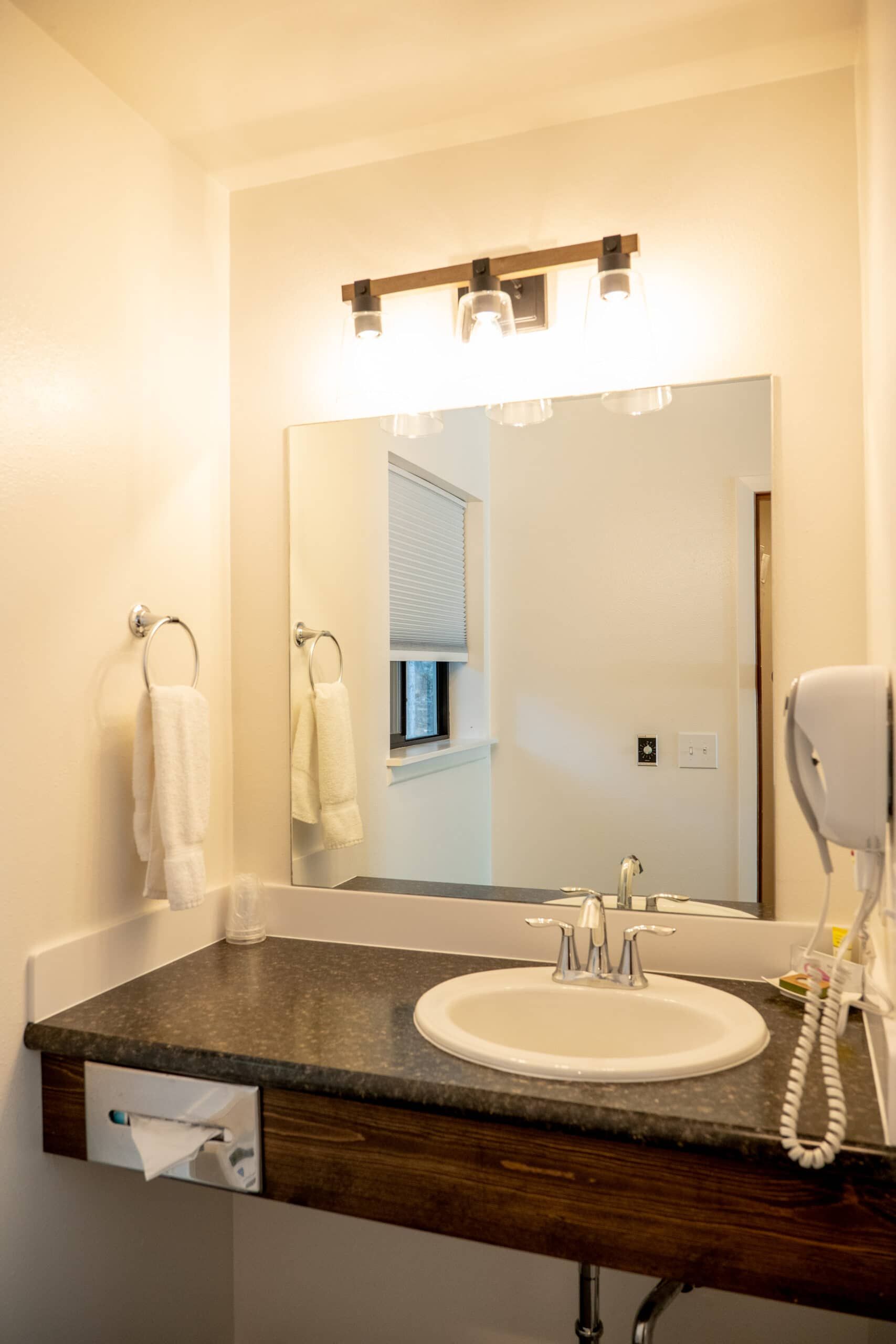 A bathroom with a sink , mirror and hair dryer.