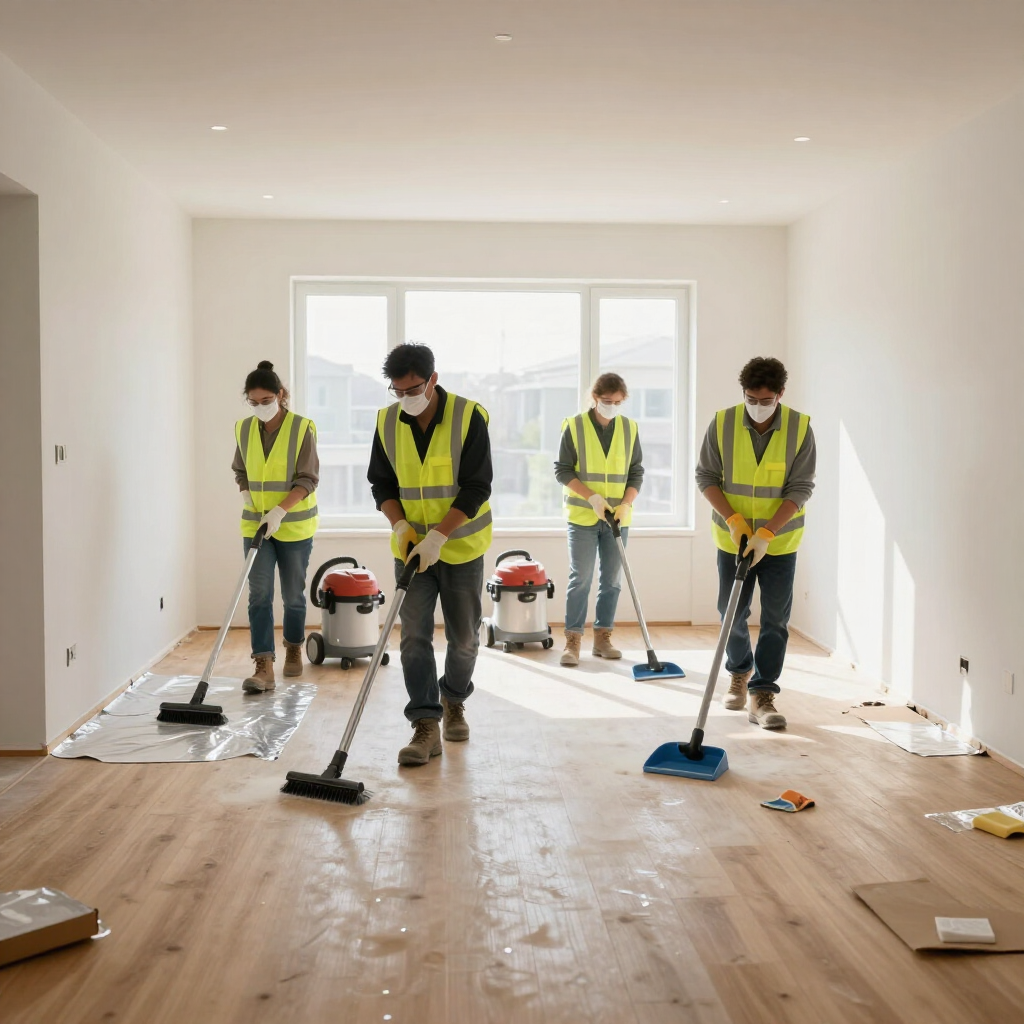 Post construction cleanup in a newly finished interior space.