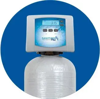 A water filtration system with digital display, on a blue background.