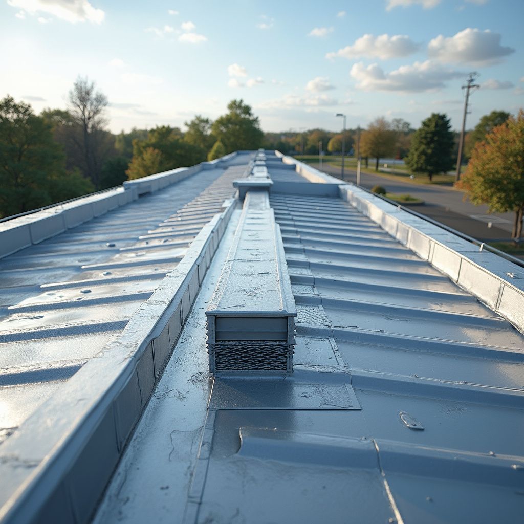 Rooftop view of a silver metal industrial roof with vents and trees in the background
