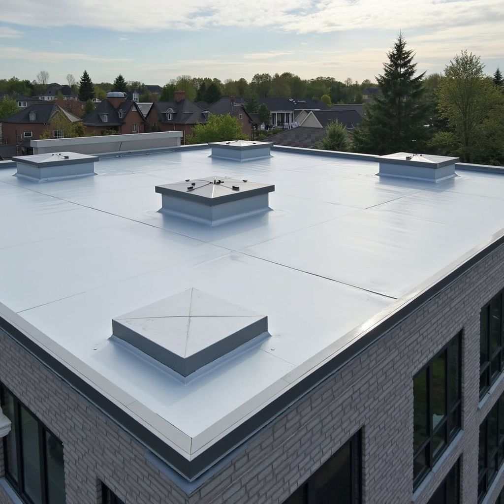 Flat white rooftop on a modern brick building with multiple vents and nearby houses in the background