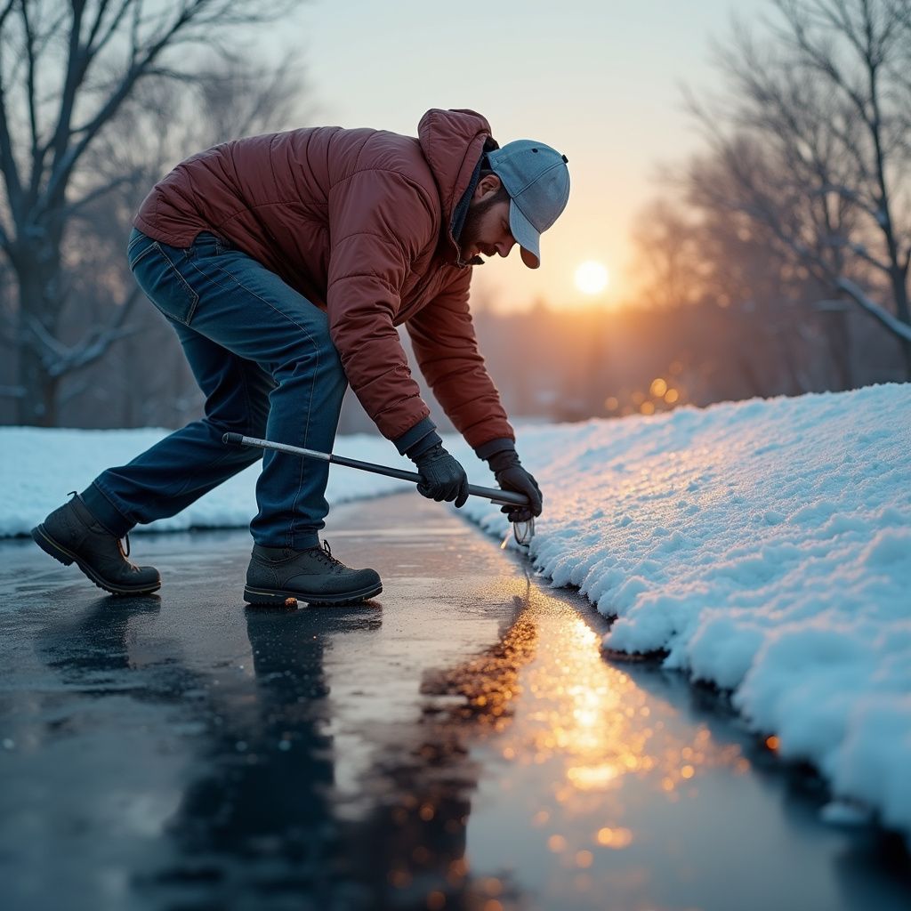 Person clearing snow from an icy sidewalk at sunrise