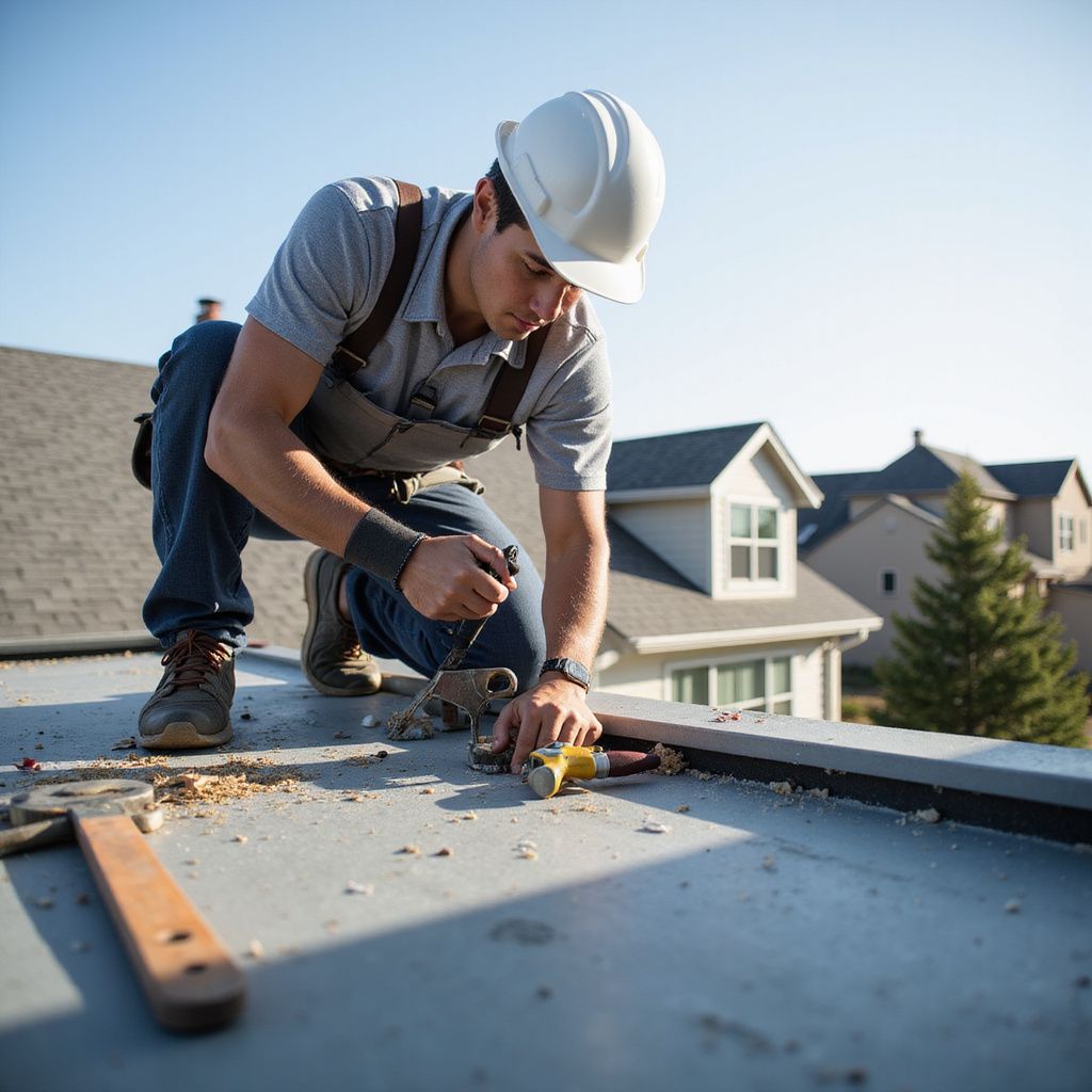 Worker in a white hard hat securing roofing material on a rooftop with a drill, houses in the background