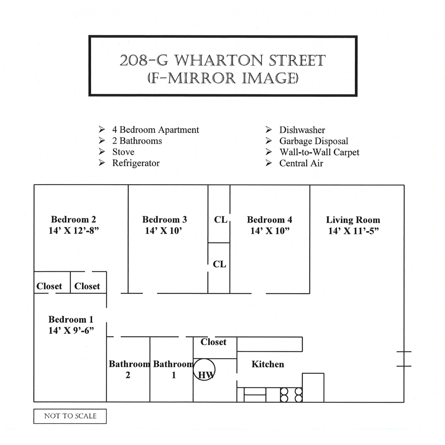 Floor plan labeled “208-G Wharton Street (Mirror Image)” with 3 bedrooms, living room, kitchen, bath, closets, and storage.