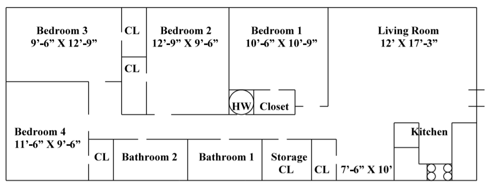 Apartment floor plan with 3 bedrooms, 2 bathrooms, living room, kitchen, storage, closets, and stairs