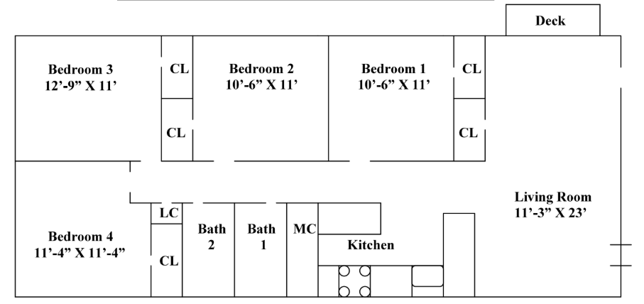 Floor plan of a house with 4 bedrooms, 2 baths, kitchen, living room, deck, closets, and stairs