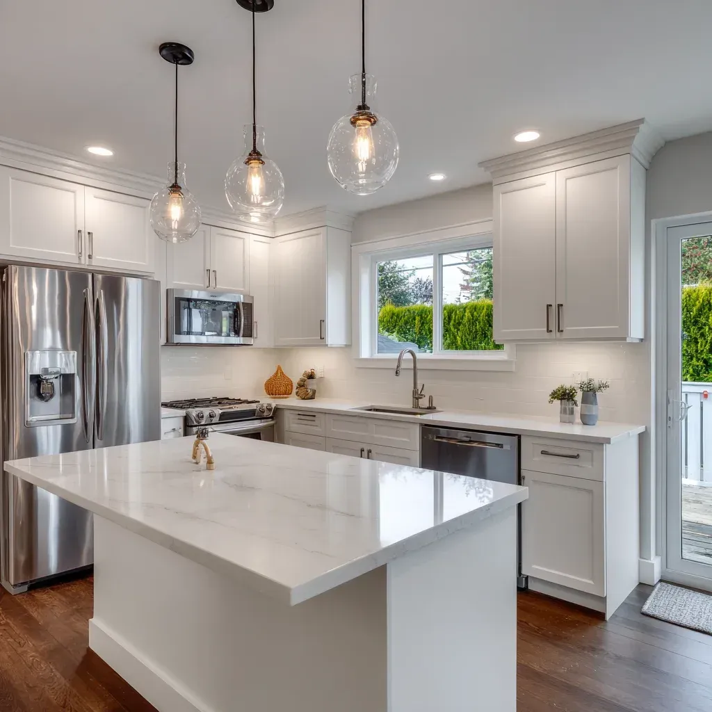Residential Vancouver kitchen remodel displaying marble surfaces, cabinet refacing, and integrated lighting upgrades.
High-end kitchen remodeling Vancouver BC featuring quartz slab installation, custom cabinetry millwork, and open-plan kitchen design.
Vancouver BC kitchen renovation showcasing granite island seating, backsplash tile installation, and hardwood flooring refinishing.
Modern kitchen remodeling Vancouver including marble countertop upgrade, pantry cabinet construction, and professional renovation services.
Professional Vancouver kitchen renovation featuring quartz countertops, integrated appliance systems, and custom island design.
