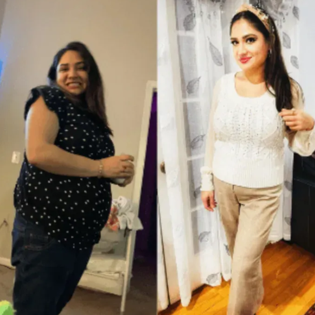 Before and after weight loss transformation photo showing a patient who lost nearly 60 pounds through a physician-supervised Nova Physician Wellness treatment plan.