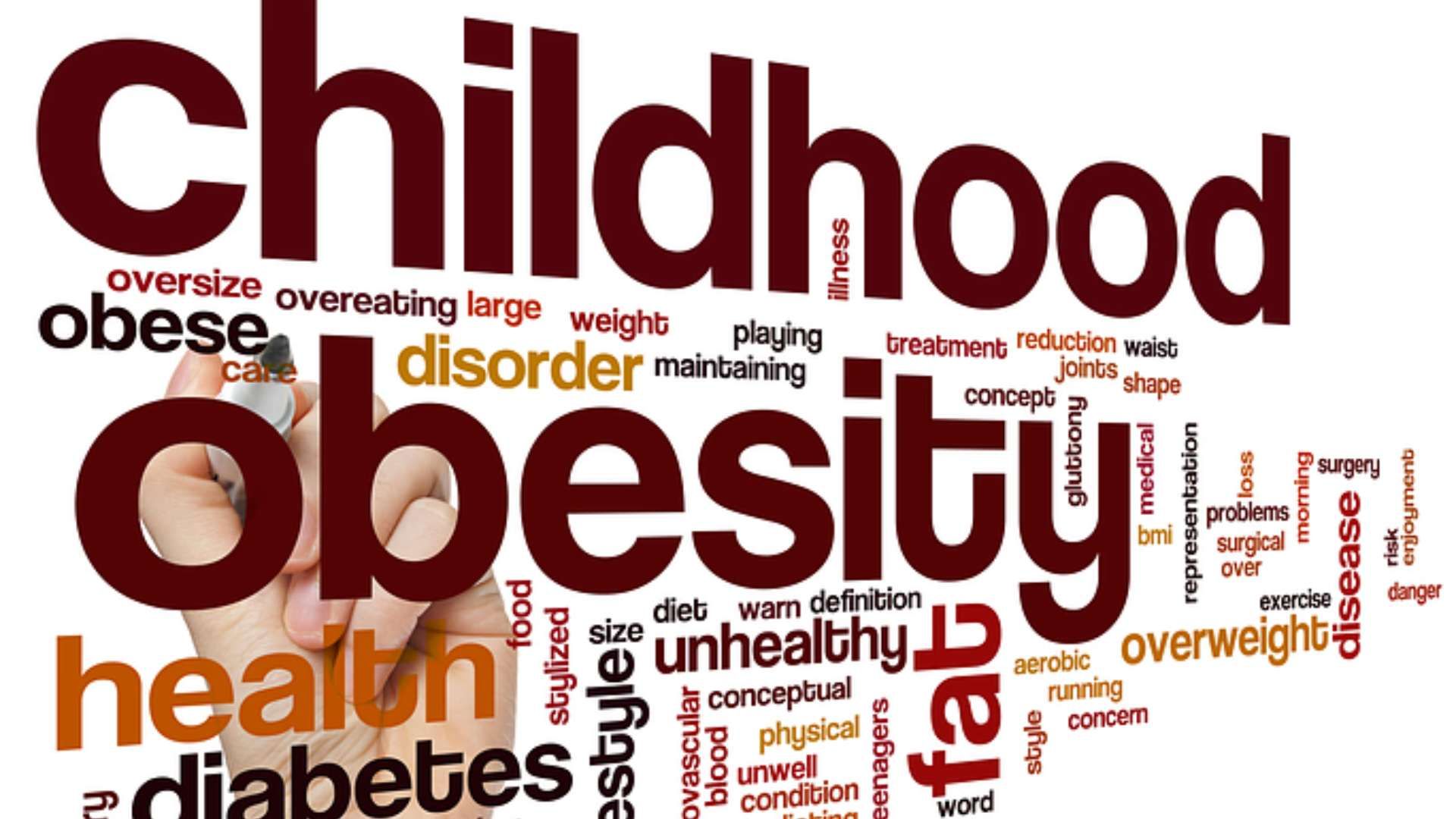 Word cloud about obesity and health, with large red “obesity” and “childhood” text