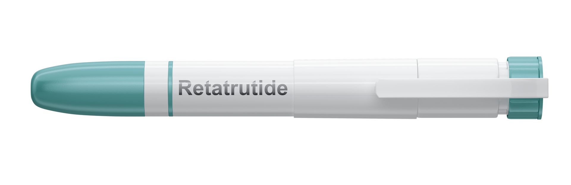 Teal and white retractable pen with a gray clip on a white background