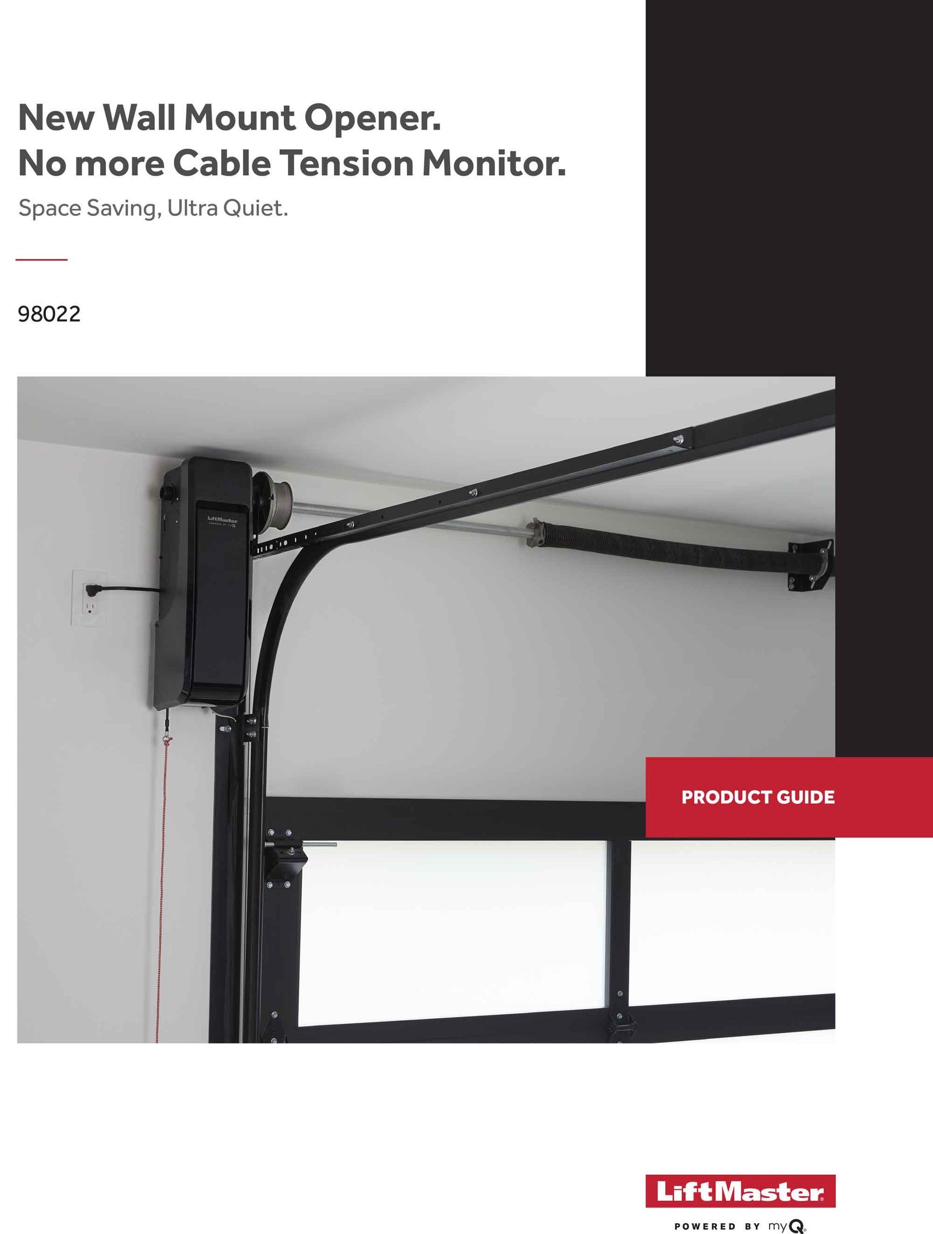 Wall-mounted garage door opener with long black arm beside a windowed door panel