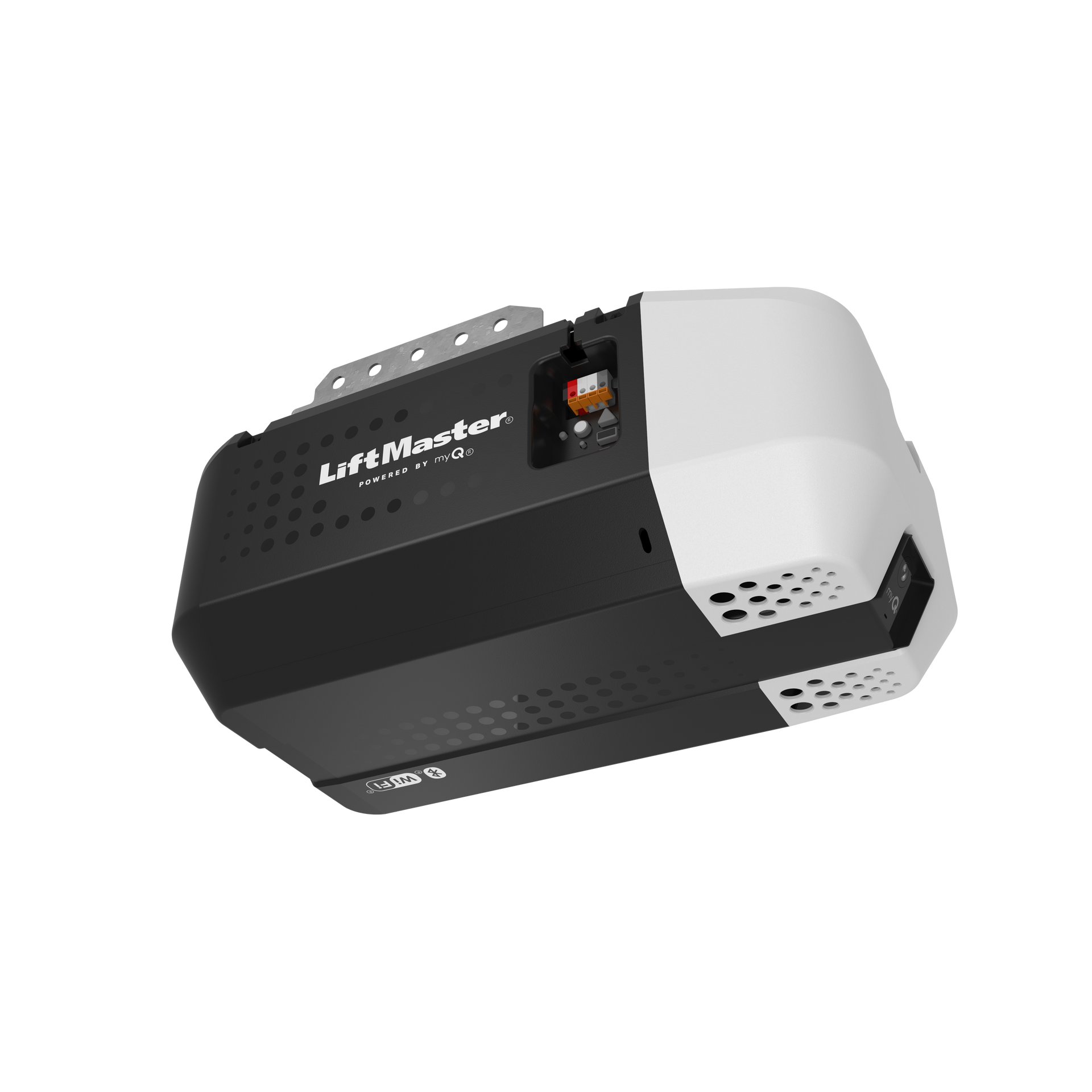 Black and gray garage door opener unit on a white background