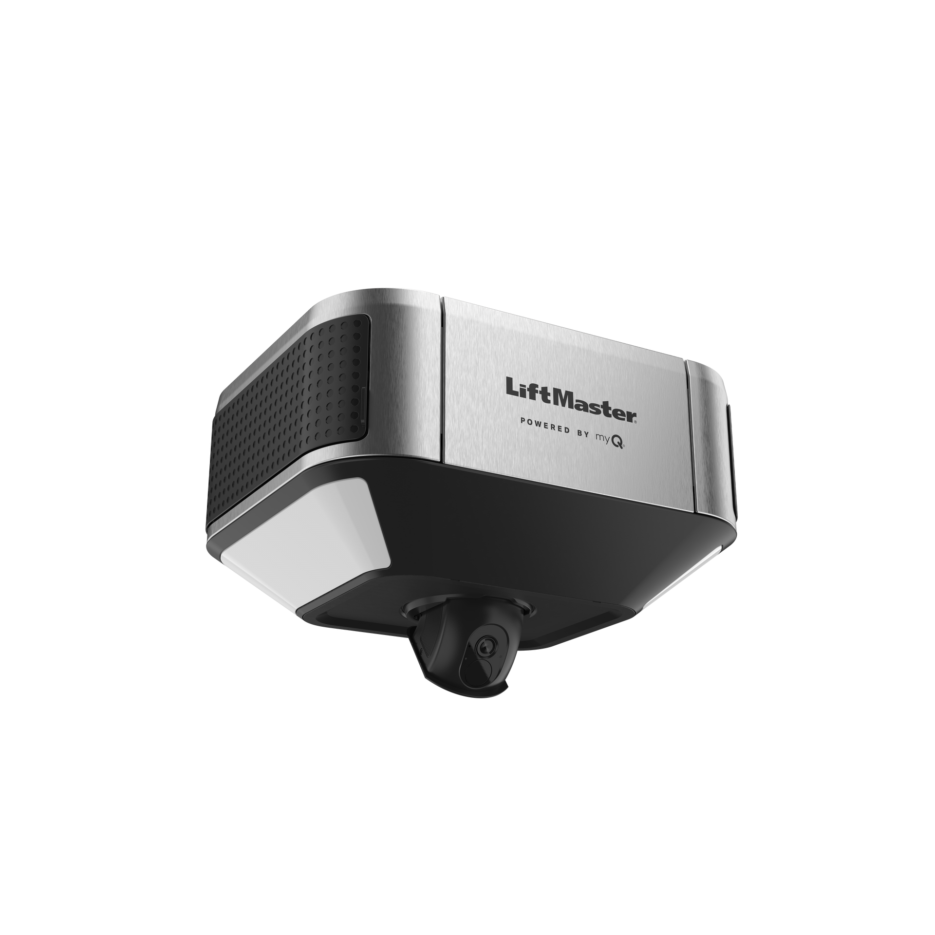 Silver and black ceiling-mounted projector with a front lens on a white background