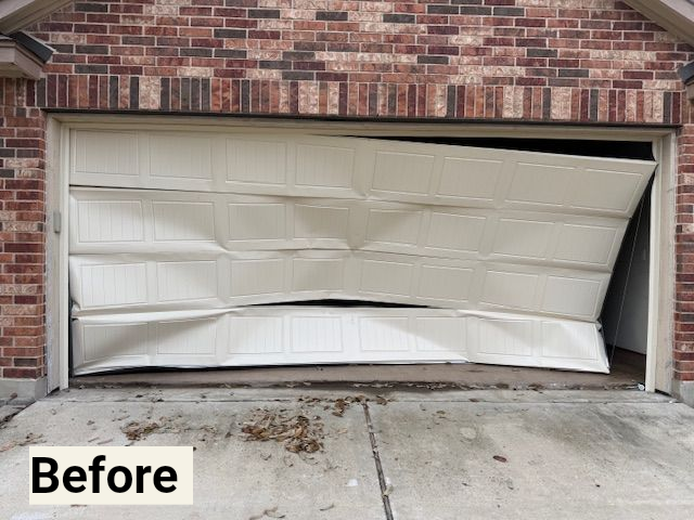 Collapsed garage door on a brick house labeled “Before”
