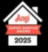 Angi Super Service Award 2025 badge in white, red, and black, shaped like a house