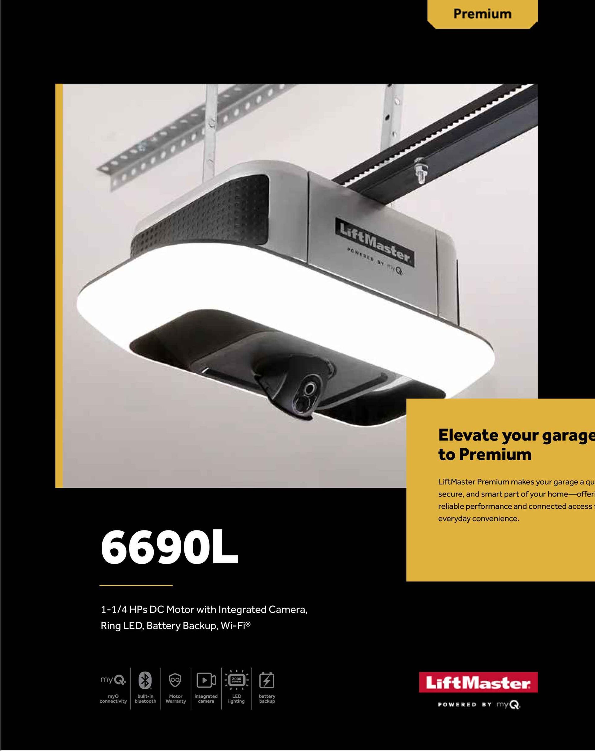 LiftMaster 6690L garage door opener ad with black unit and white LED light panel on dark background