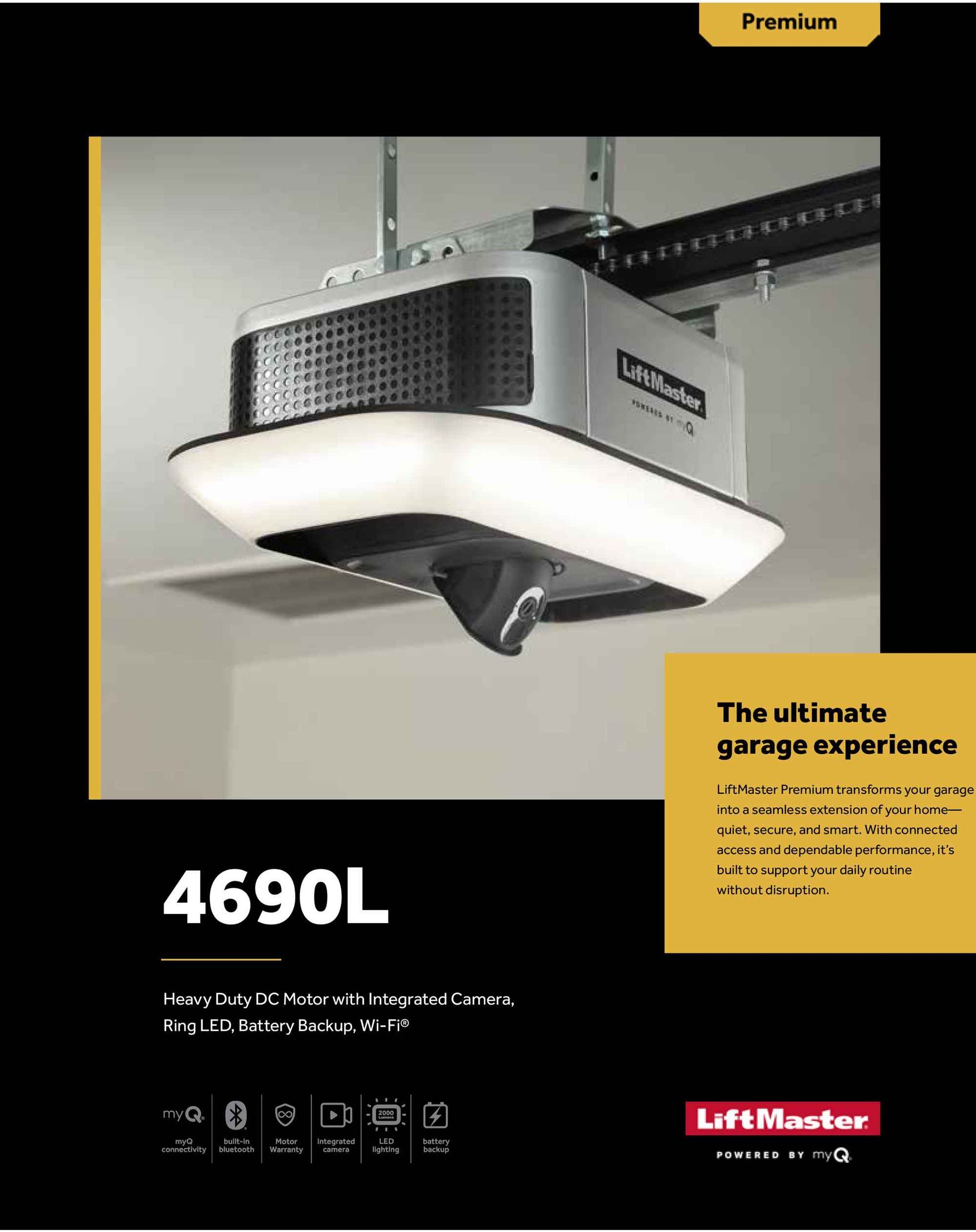 LiftMaster garage door opener ad with white ceiling-mounted opener and bold 4690L text on black background
