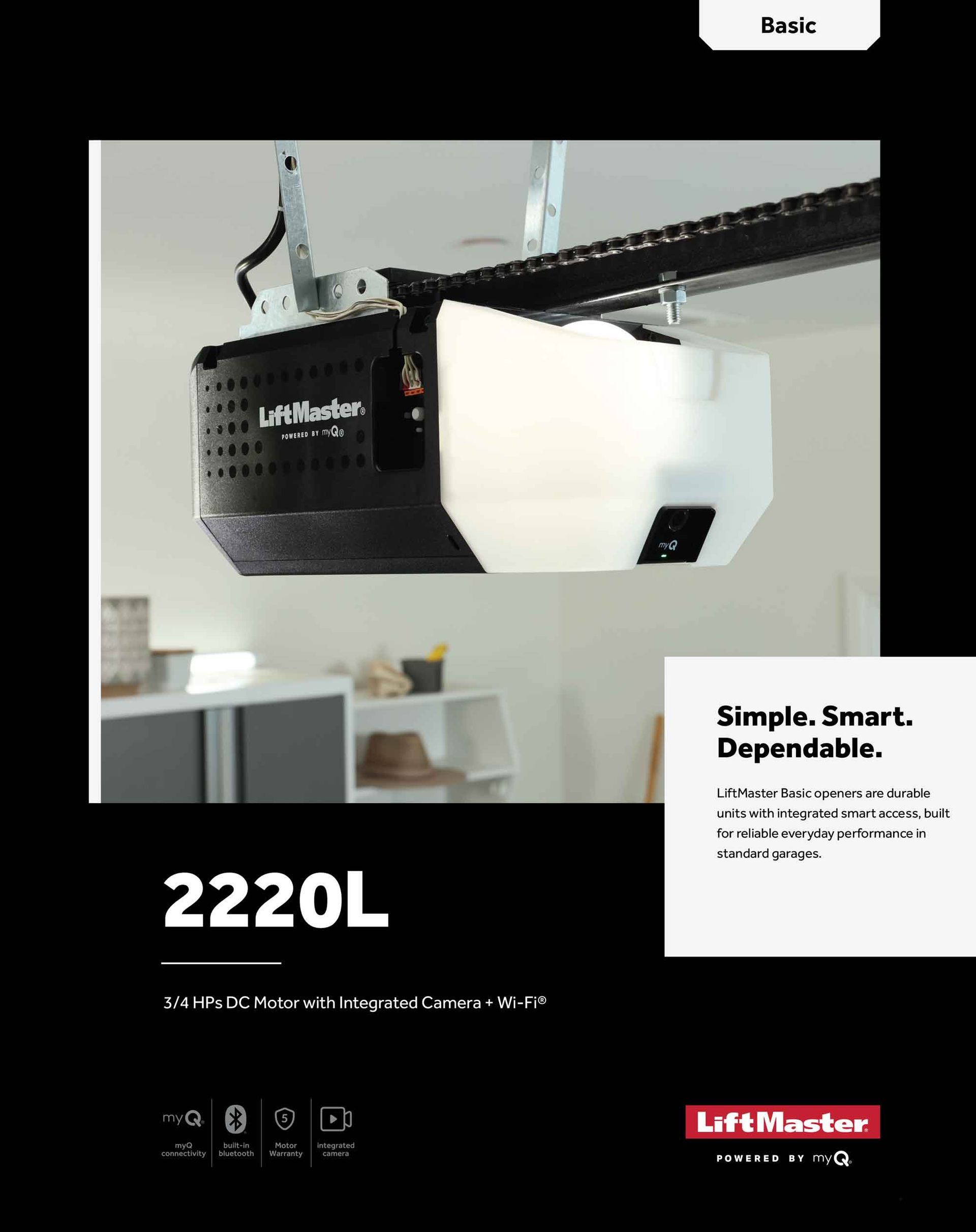 LiftMaster 2220L garage door opener with smart text overlay on a black-and-white product ad