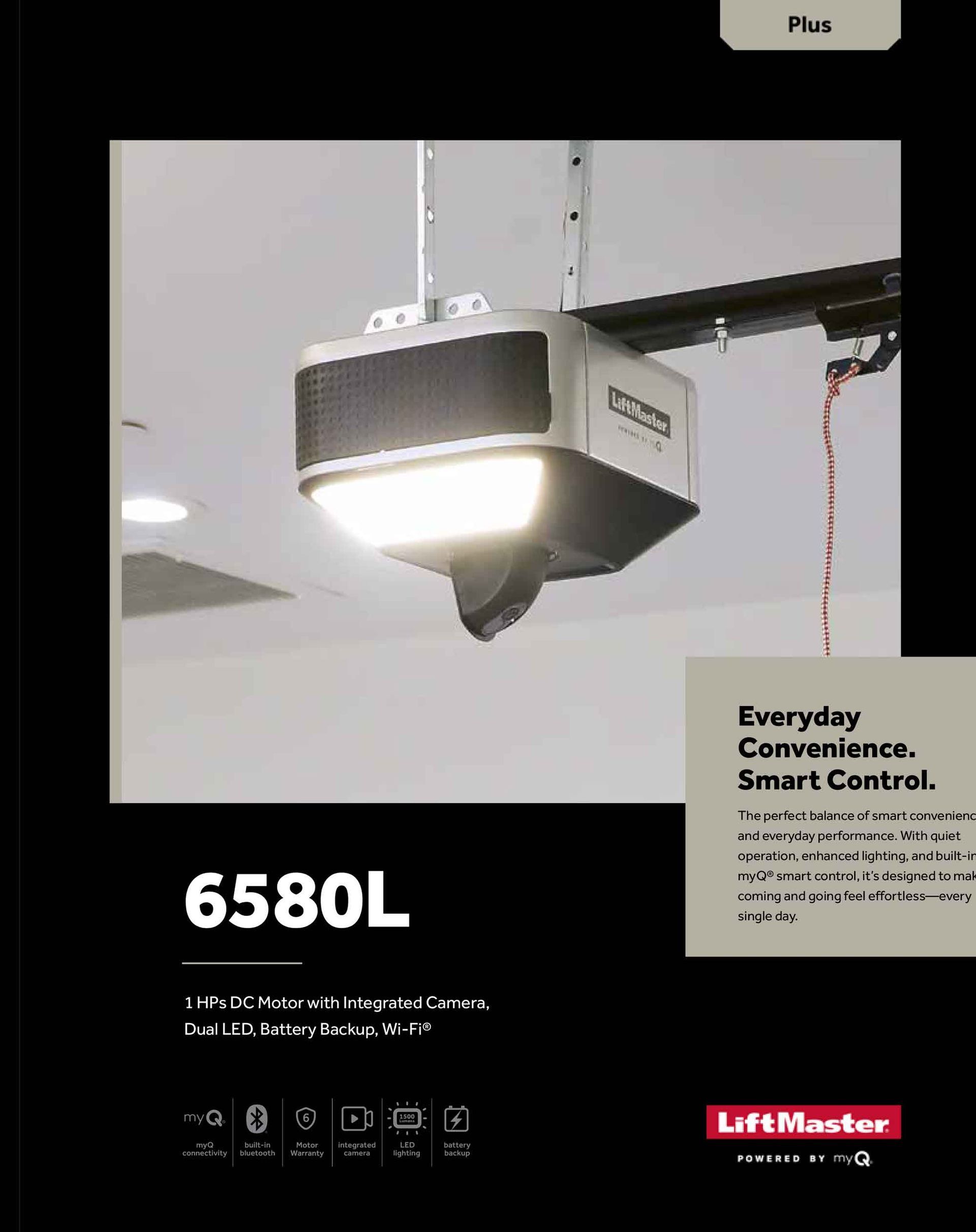 LiftMaster garage door opener ad with bright ceiling-mounted unit and “6580L” text on black background