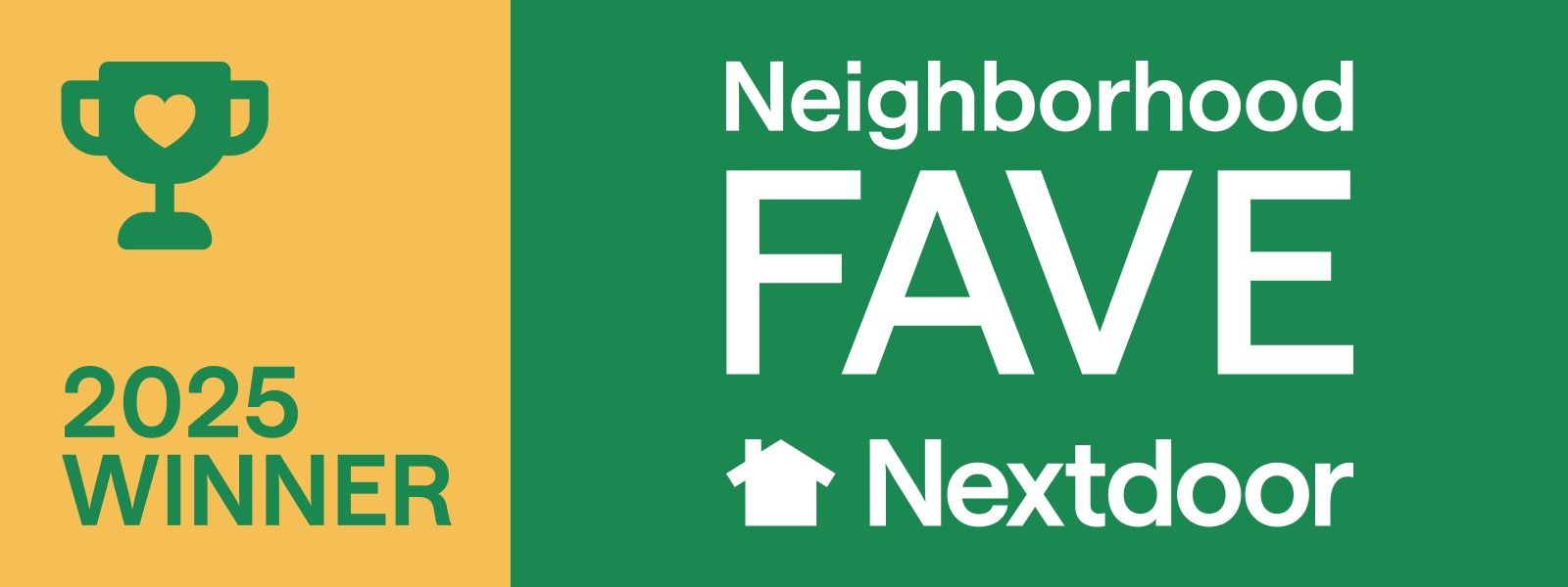 2025 Neighborhood Fave Nextdoor winner badge with gold trophy icon on green background