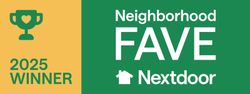 2025 Neighborhood Fave Nextdoor winner badge with gold trophy icon on green background