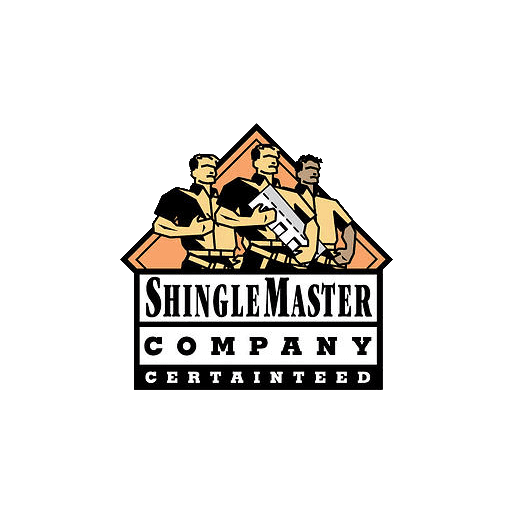 The shingle master company logo is a group of men standing next to each other holding a saw.
