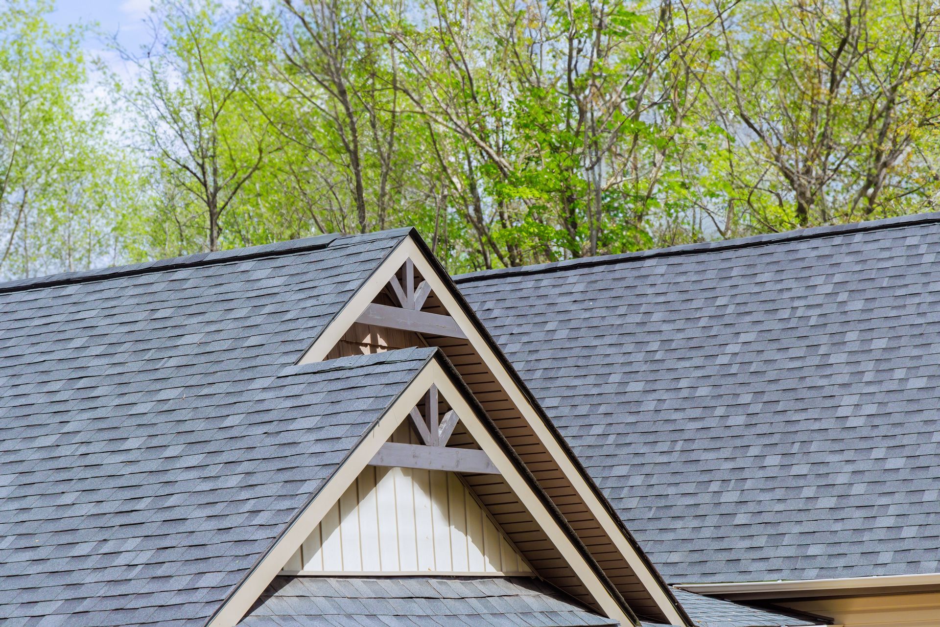 A close up of a roof of a house with trees in the background.