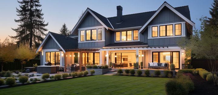 Large, well-lit gray house with a green lawn, surrounded by trees. Dusk setting.