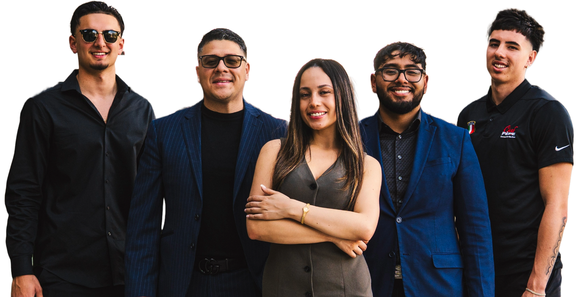 A group of people standing next to each other on a white background.