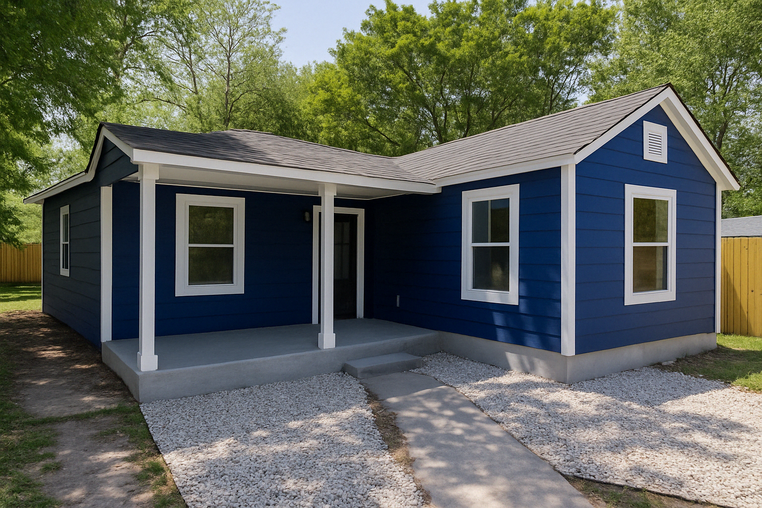 A blue house with white trim and a porch